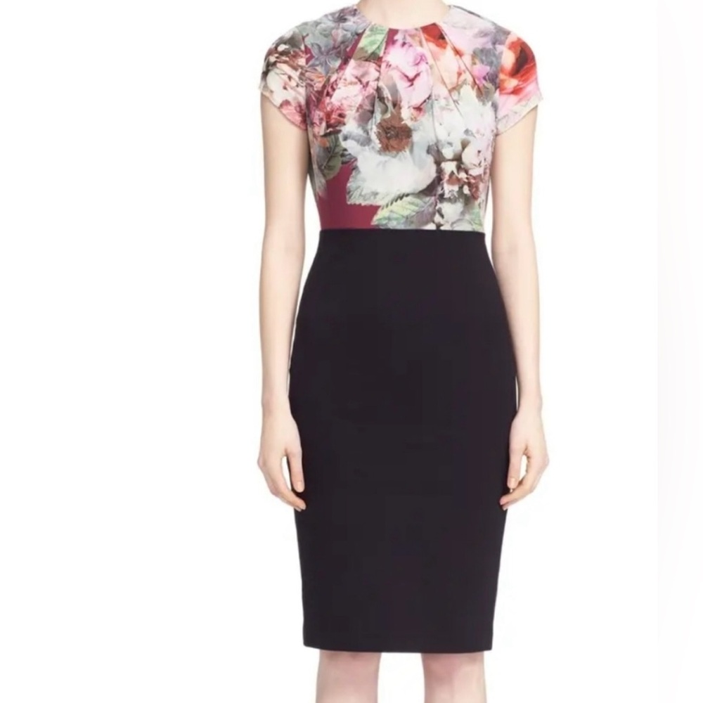 Ted Baker Black Pencil Dress with Multicolor Floral Bodice